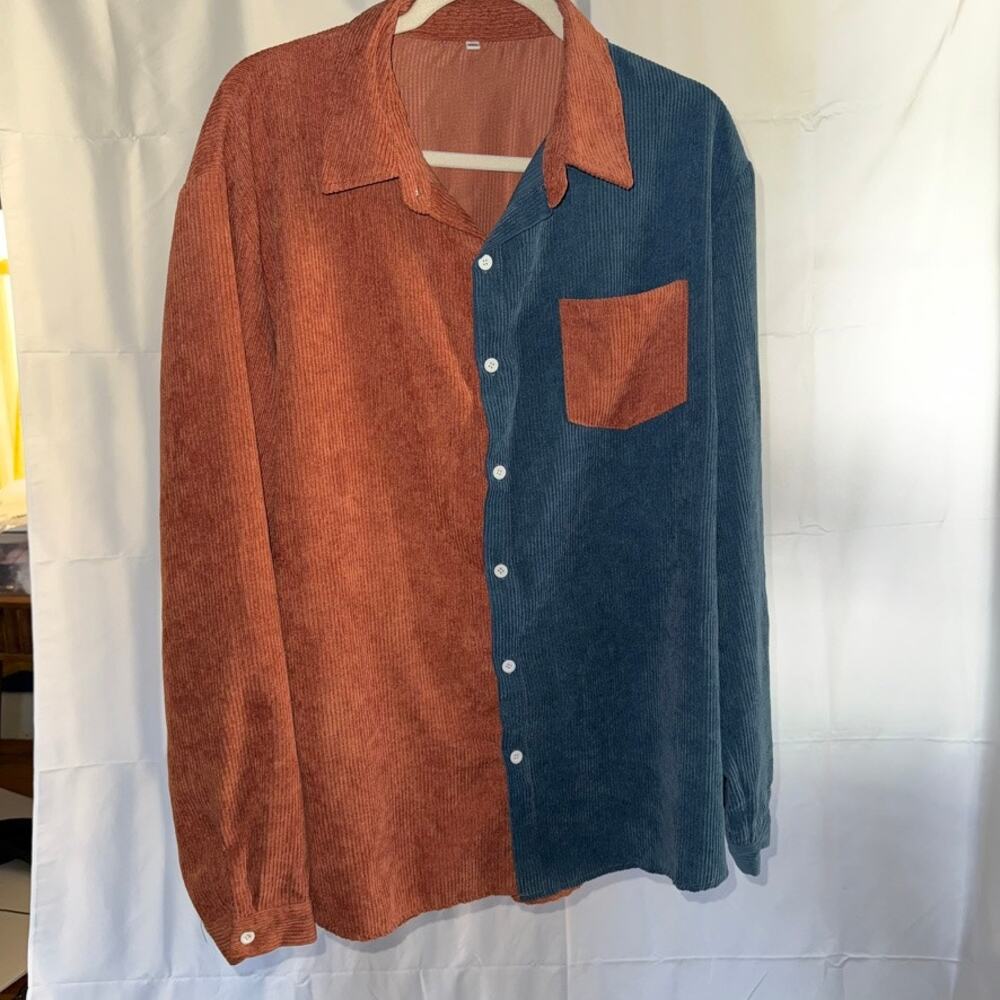 orange + blue split corduroy button up long sleeve no brand size xxl